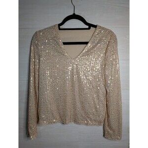 NWOT SHEIN Champagne Gold Sequin Long Sleeve Top Party Sparkle Holiday Blouse S